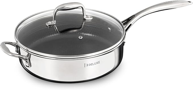 DELUXE Hybrid Ceramic Nonstick 3.7 Qt Deep Sauté Pan with Lid, Stainless Steel Skillet with Stay-Cool Handles, Dishwasher and Oven-Safe, PFOA Free Deep Frying Pan, Compatible with All Cooktops