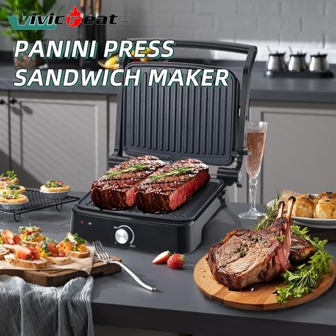Vivicreate 5 in 1 Panini Press & Indoor Electric Grill, Stainless Steel Sandwich Maker with Non Stick Plates, Contact Grill for Steak, Burger, Breakfast & Countertop Cooking (1 Knob Plastic)