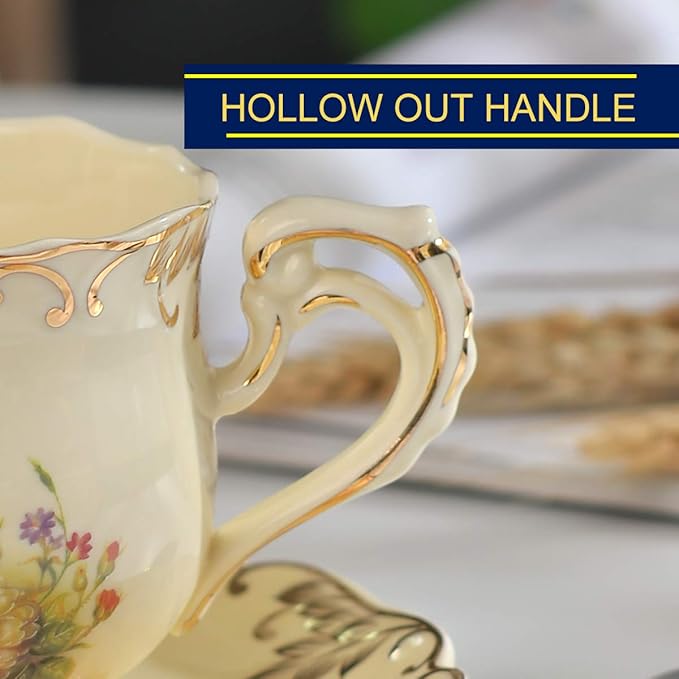 YOLIFE Tea Cup and Saucer Set, 8 oz Tea Cup Set, Teacup, Ceramic Tea Cup with Saucer Spoon, Ivory Vintage Flowering Shrubs with Gold Leaves Trim, Gifts for Women