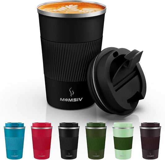 MOMSIV 12oz Travel Mug, Insulated Coffee Cup with Leakproof Lid, Vacuum Stainless Steel Double Walled Reusable Tumbler for Hot and Cold Water Coffee and Tea In Travel and Car (Black - 380ml)