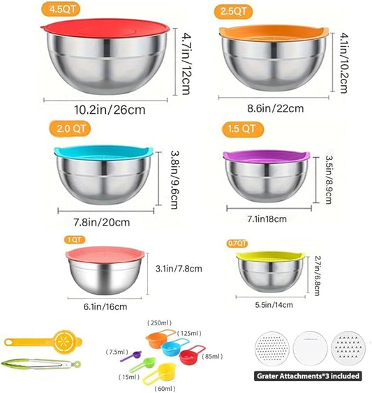 Thsinde Mixing Bowls with Airtight Lids, 6 Sizes Stainless Steel Bowls Set with Colorful Non-Slip Bottoms Great for Mixing & Serving(Size 7-1QT)