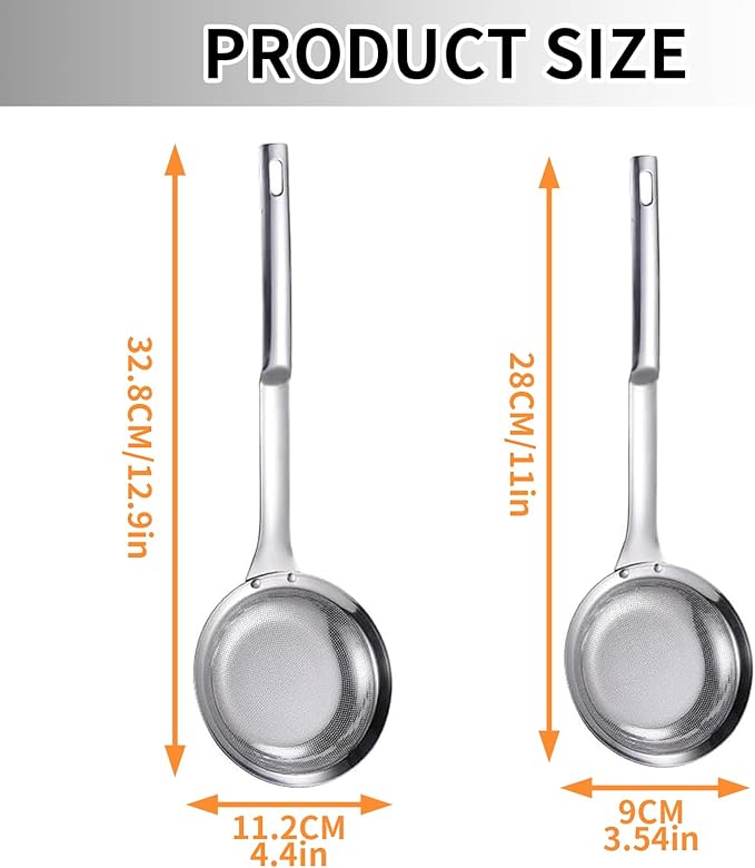 Stainless Steel Colander, 2024 Upgrade Extra Fine Mesh Strainer with Handle, Oil Filter Food Strainer, Kitchen Gadget (Small+Large)