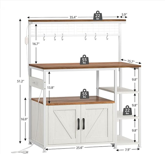 TVU Bakers Rack with Power Outlet and LED Light, Microwave Stand with Storage Cabinet, Coffee Bar Cabinet Station with 6 Hooks for Kitchen, Dining Room, Living Room, Coffee Bar, Walnut, White