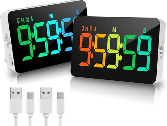 (2 Packs) Rechargeable Timers，Digital Kitchen Timer with 10 Dynamic RGB Color, Magnetic Classroom Timer with Countdown/up with 5”LED Display 3 Brightness 4 Volume Adjustable