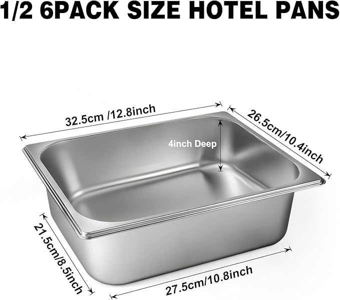 West Bay 6 Pack 1/2 Half Size Hotel Pan, 4'' Deep Steam Table Pans, 12.8''L x 10.4''W Stainless Steel Pans for Home, Party, Hotel, Buffet