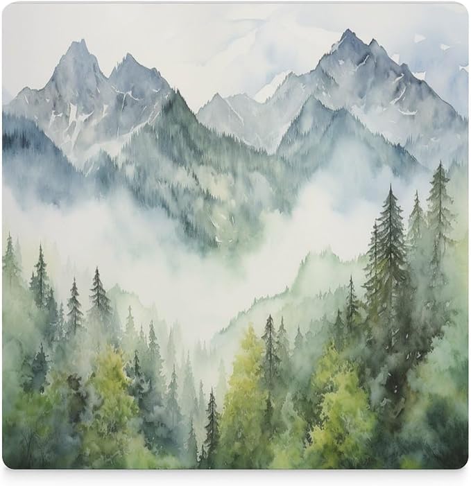 Square-6PCS Forest Drink Coasters, Square Modern Ceramic Absorbent Coasters, Watercolor Style Nature Woodland Green Forest Mountain Plant Decor Desk Coffee Table Coaster for Beverage Cup Tea Coasters