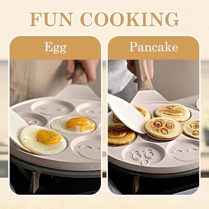 Smiley Face Pancake Pan - Nonstick 10 Inch Mini Pancake Maker with 7-Cup Mold, Silver Dollar Pancake Pan - White