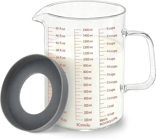 BCnmviku Glass Measuring Cup 6CUPS/1500ML/50OZ High Borosilicate [Insulated Handle | V-Shaped Spout]For Prepping Baking and Cooking Preheated Oven Dishwasher Freezer and Microwave Safe with Silicone