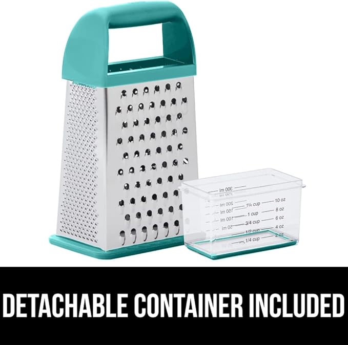 GORILLA GRIP 4-Sided Stainless Steel Cheese Grater With Container, 100% BPA-Free Box Grater, Slip Resistant Base and Handle, Grate Parmesan, Hard Cheeses, Shred Veggies, Dishwasher Safe, Turquoise