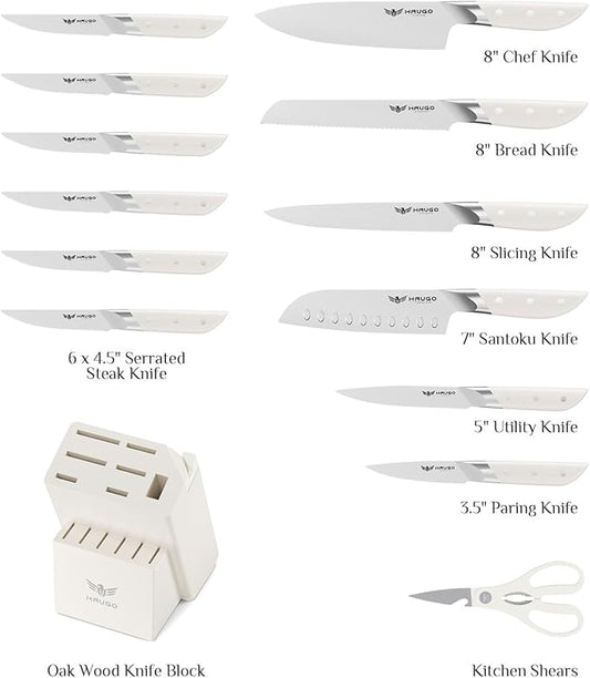 Kitchen Knife Set - Haugo 14 PCS Cream White Knife Set with Block and Sharpener - German Stainless Steel - Full Tang Knife Block Set and Ergonomic Handle - Obsidian Series