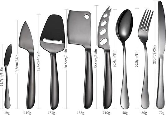 8 Pieces Black Cheese Knives Set with Dinning Knife Fork Spoon Stainless Steel Multifunctional Kitchen Gadget Baking Utensils Cooking Tool