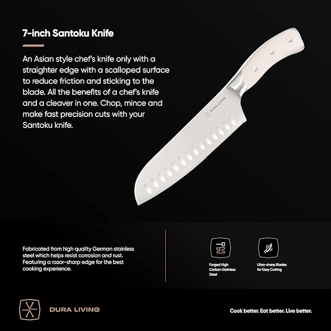 DURA LIVING 7-Inch Santoku Knife – Ultra-Sharp German High Carbon Stainless Steel, Full Tang, Ergonomic Handle, Multipurpose Kitchen Knife for Chopping, Slicing, and Dicing, Cream
