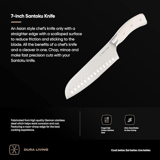 DURA LIVING 7-Inch Santoku Knife – Ultra-Sharp German High Carbon Stainless Steel, Full Tang, Ergonomic Handle, Multipurpose Kitchen Knife for Chopping, Slicing, and Dicing, Cream