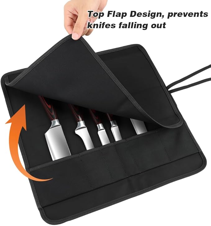 6 Slot Puncture Resistant Knife Roll, Waxed Canvas Knife Bag Featuring UHMWPE Fabric, Tie Straps Knife Roll Bag Fit 8-Inch Chef Knives