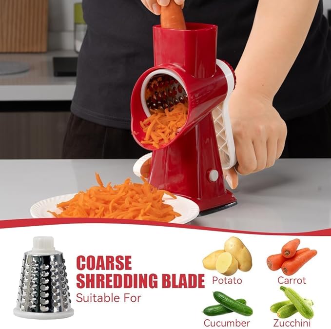 KEOUKE Rotary Cheese Grater Hand Crank Red - Shredder Slicer Grinder 3 Stainless Steel Blades, Stable Suction, Labor-Saving Handle, Safe Kitchen Tool for Cheese, Vegetable, Nuts, Chocolate