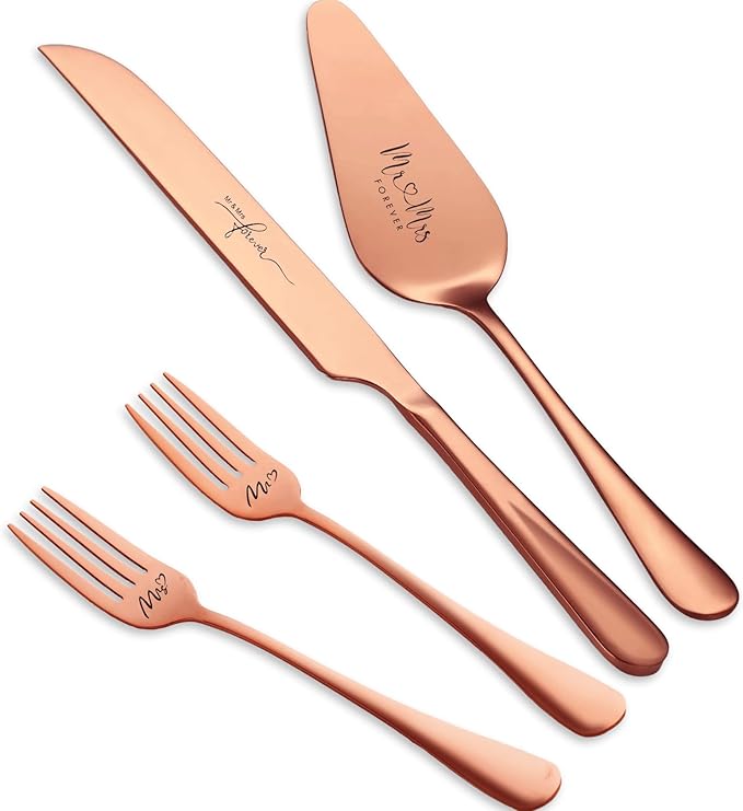Wedding Cake Knife and Sever Set, Cake Cutting Set for Wedding, 4 pieces Mr and Mrs Cake Cutter and Forks, Birthday, Wedding Gifts, Bridal Shower Gifts for Couples (Rose gold)
