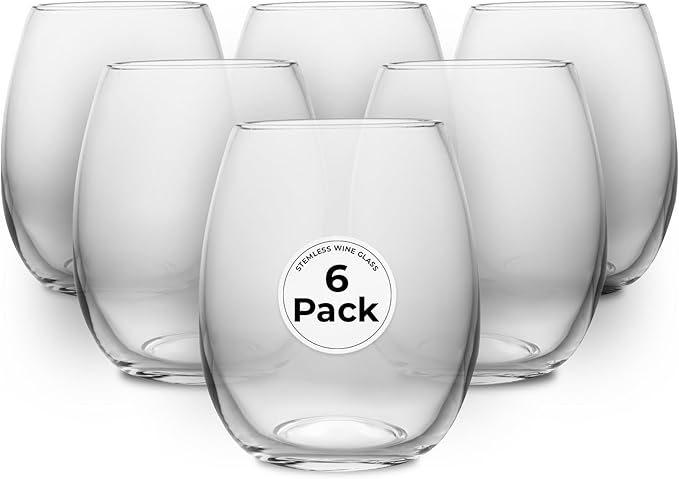 Restaurantware-Vetri 15 Ounce Wine Glasses, 6 Dishwashable Stemless Wine Glasses - No Lead, Durable, Clear Glass Stemware, For Home, Bar, Or Restaurant, Serve Merlot, Chardonnay, Or Bordeaux