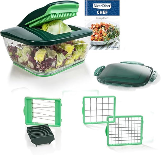 Genius Nicer Dicer Chef 9 Piece + Tomato Vegetable Slicer - For Conscious and Healthy Daily Eating Fruit Slicer, Onion Cutter, Cabbage Chopper, Green