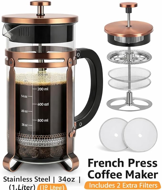 French Press Coffee Maker 34 oz , 304 Stainless Steel Double Mesh Filter, Borosilicate Glass, Heat-Resistant, BPA-Free, Large Capacity for Family & Office, Great Gift