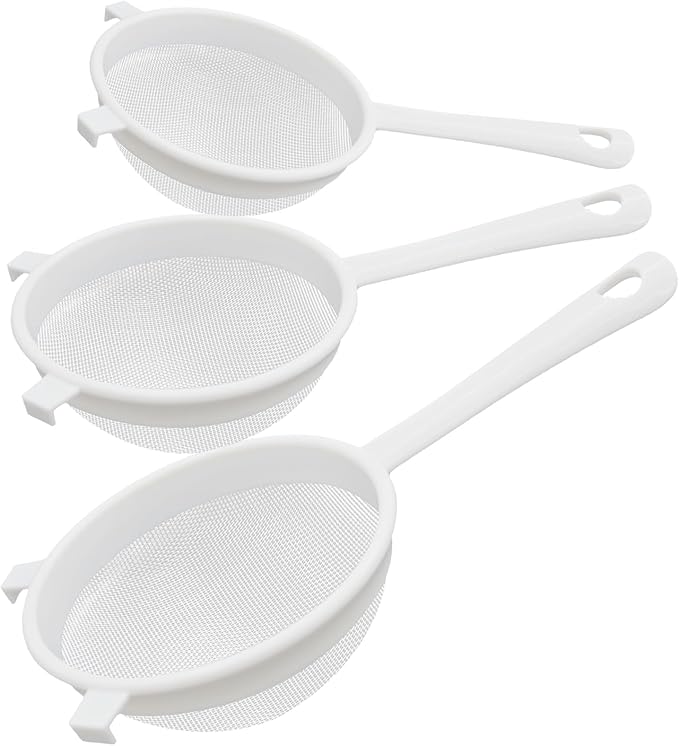 3 Pcs Plastic Nylon Fine Mesh Kefir Strainer Set with Handle, Sieve Fine Mesh Colander Flour Sifter for Yogurt Baking Kitchen Kefir Tea Juice Pasta