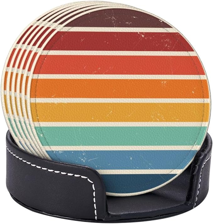 Vintage Colorful Beach Sunset Leather Drink Coasters Set of 6 with Holder Round Cup Coaster for Table Decor