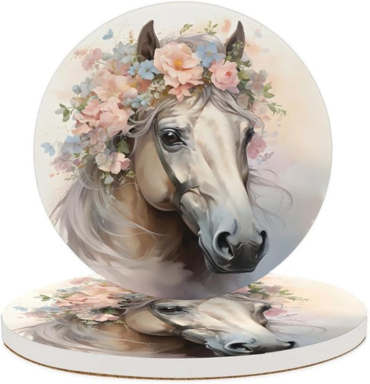 Round Coasters Set of 2, Horse Wearing Flowers Absorbent Ceramic Coaster with Cork Base, Bar Coasters for Drinks Coffee Mugs Tea Cups Wine Glasses Home Decor Gifts (4 inches)