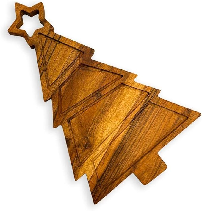 Treen Art Wooden Christmas Cutting Board for Kitchen Decor, 11"L x 9.75"W Star Tree Shaped Acacia Wood Chopping Board with Handle & Grooves, Serving Charcuterie Platter