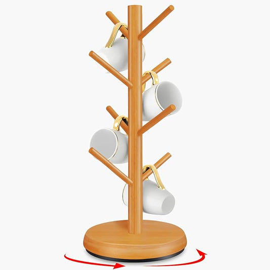 Mug Holder Tree,New Upgraded 360° Rotated 8 Hooks Coffee Cup Holder for Counter,Wood Coffee Mug Rack Standing for Co ffee Bar Accessories and Kitchen Home Organizer(Brown)