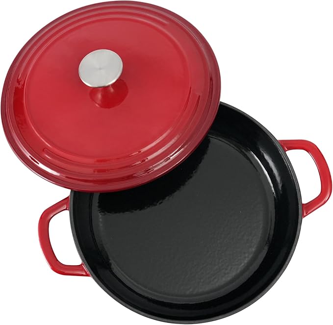 Flavehc Braiser Enameled Cast Iron Braiser 2.25 qt Braiser Pan with Lid Red Shallow Cast Iron Casserole Braiser Pan with Handels