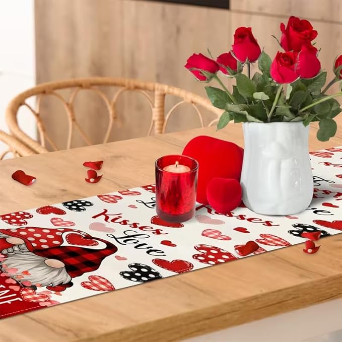 Valentine Red Buffalo Plaid Gnomes Heart Table Runner 13x108 Inch ,line Love Kitchen Dinning Table Decoration for Party Home