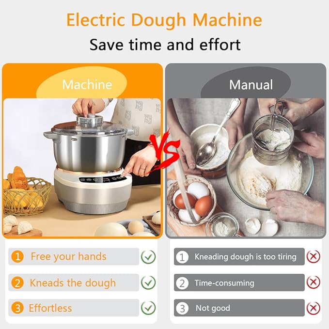 QCQDL Electric Dough Maker Machine with Fermentation Function, 7L Large Capacity Household Dough Mixer, 304 Stainless Steel, Microcomputer Timing, Front Touch Panel, Gray,7L