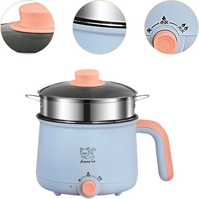 Mini Hot Pot 1.8L Ramen Cooker Multipurpose Cookware Cooking Pot Non Stick Portable Electric Pot Noodles Pot for Noodles Eggs, Pot Steel Steamer