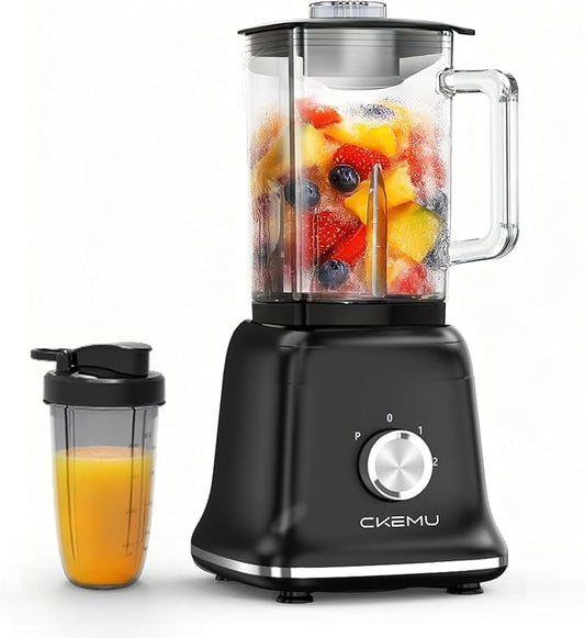 CKEMU Professional Blender For Smoothies, 58 Oz Glass Jar, Glass Blender Including Puree & Crush Ice Functions, 750 Watts, With Portable Travel Cup B02 (Black)