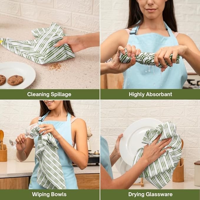Premium Kitchen Towel Set of 6-100% Cotton Quick-Drying & Absorbent Dish Cloths - 18x28 Inch, Farmhouse Tea Premium Towels with Green Stripes, Twill Weave