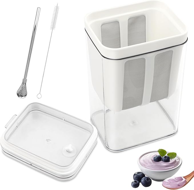 Greek Yogurt Strainer,1100ml Yogurt Strainer Separator,Yoghurt Maker with Fine Mesh Bag & Lid for Thick Greek Yogurt, Soybean Milk,Berries,Soup,Fruit Juice,Coffee(White,Size:10.8 * 9 * 17.6cm)