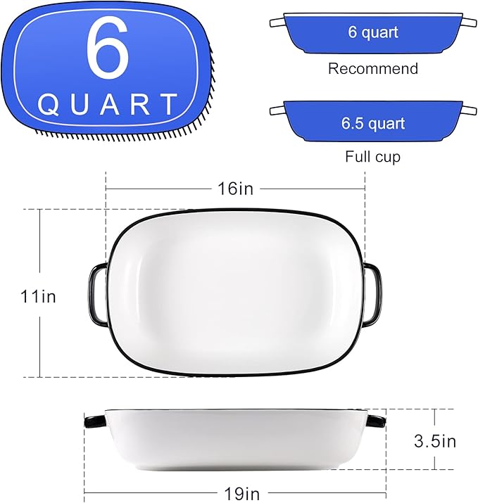 6 Quart Large Rectangular Baking Dish, 16x11 Inches Ceramic Baking Pan Casserole Dish for Cooking,Kitchen and Daily Use, Safe for Oven Microwave Refrigerator Disinfection Cabinet and Dishwasher,White