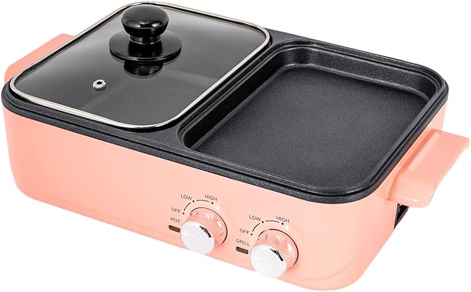 2 In 1 Electric Smokeless Grill And Hot Pot Mini Electric Skillet Hot Pot Electric With Grill For Indoor Party Family Gatherings Pink