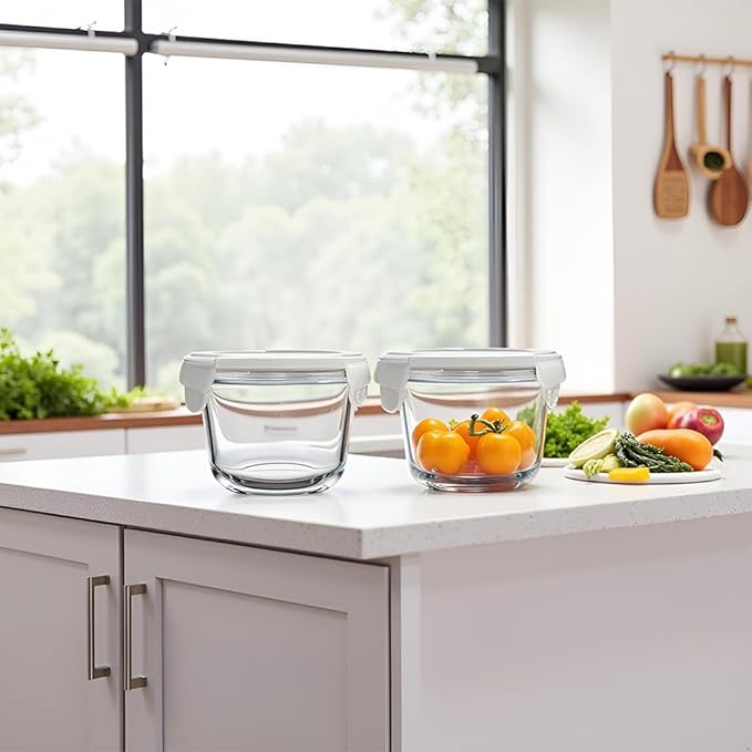 2 Cup Round Glass Food Storage Containers with Airtight Lids,18oz Round Glass Soup Container, BPA free food storage containers for Soup, Leftover. Microwave, Freezer, Dishwashe safe-4pack
