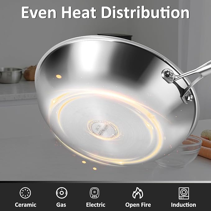 Lazycorner Hammered Non Stick Frying Pan with Lid - 12 Inch Stainless Steel Kitchen Cookware Pot Scratch-Resistant, Even Heating Cookware for All Stovetops (12in-With Lid)