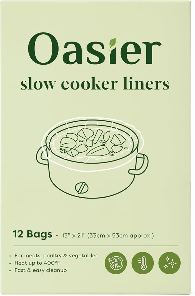 Oasier Slow Cooker Liners, Disposable Oval Large Size 13" x 21", 12 Count, Fits 3-8 Quart Pot Cooking Bags for Easy Cleanup, Food Safe & Leak-Proof