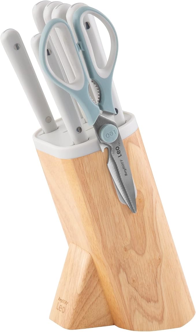 BergHOFF Spirit 7Pc Knife Block Set, Kitchen Knives, Wood Block, Stainless Steel Sharp Blade, Anti-skid Base, Strong Magnet for Scissors