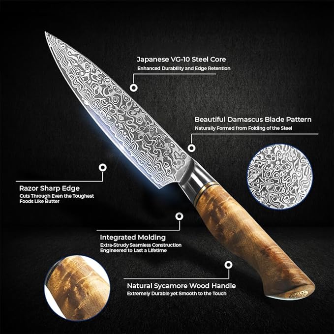 SENKEN 5" Damascus Steel Utility Knife - Dynasty Collection - 67-Layer Japanese VG10 Steel with Sycamore Wood Handle, Razor Sharp Double Bevel 15° Edge
