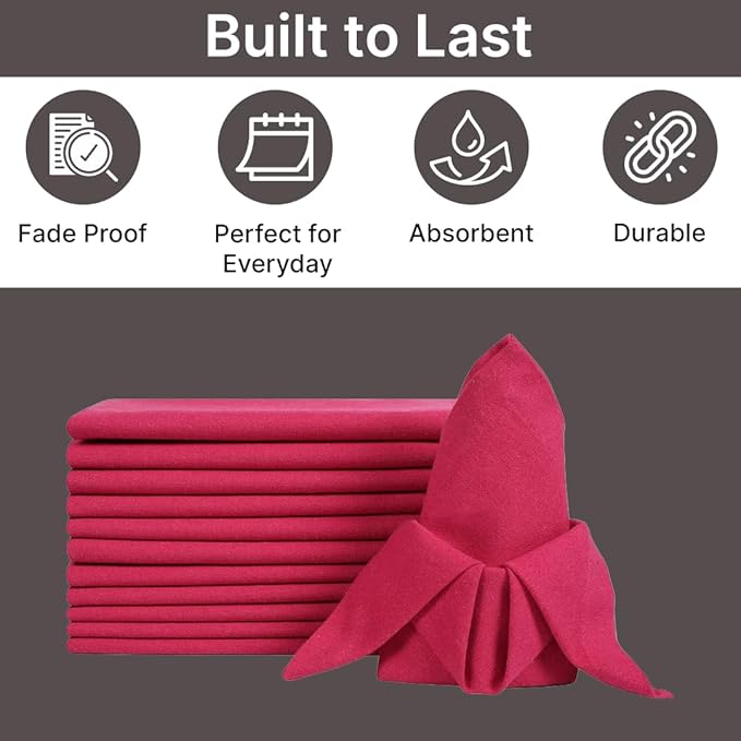 LFH Home Cotton Rich Metered Napkins for Dining Table Set of 12, Elegant Cloth Napkins for Wedding Party or Everyday Use Machine Washable Durable Reusable and Soft for Hosting 18x18 Inch - Magenta