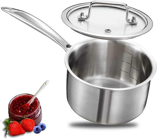 MOUTIUS 2 Quart Triple Stainless Steel Saucepan with Lid, Ramen Pot with Clear Glass Cover, Small Sauce Pan for Cooking Oatmeal, Induction-Ready, Dishwasher-Safe, Suitable for All Stoves