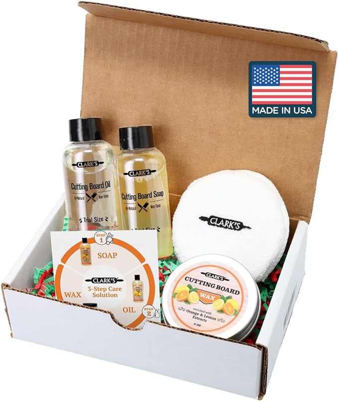 CLARK'S Cutting Board Care Kit, Includes Wood Cutting Board Oil, Soap, Wax, and Buffing Pad, Food Grade Mineral Oil, Housewarming Gift Set for Newly Married, Women, Girlfriend