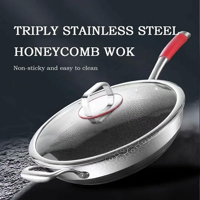 Moksha LifeStyle Honeycomb Wok 12 inch Pan with Lid, nonstick stir fry with silicone handles, Hybrid stainless steel cooking frying pan, dishwasher safe.