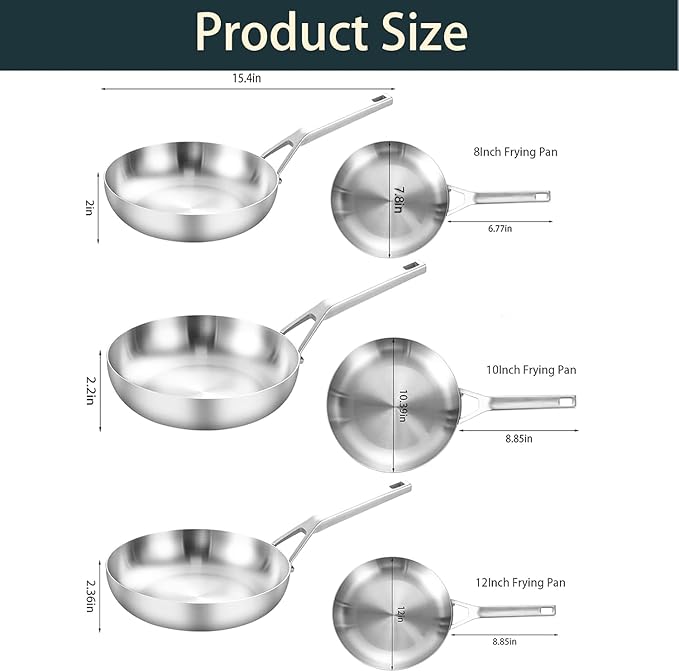 Yeksum 3 Ply Stainless Steel Pan Set, 8" 10" 12", Fast & Even Heating, Up to 650F, Oven & Dishwasher Safe, Compatible with All Cooktops