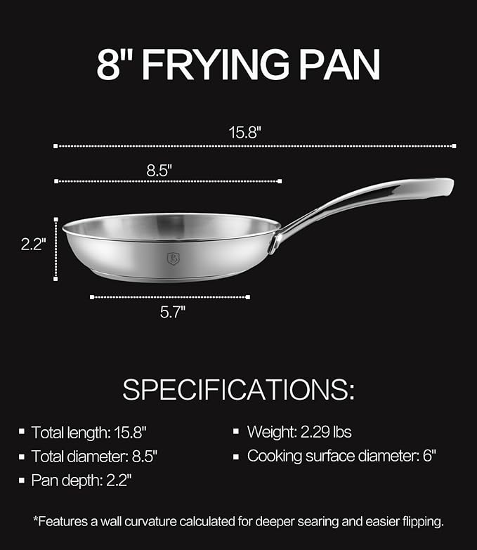 8 Inch Stainless Steel Pan, 5-Ply Clad Base 800℉ Safe Stainless Steel Frying Pans for Even Heating, Premium Cookware for Induction, Gas, Electric&Oven