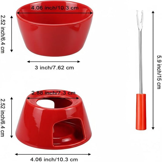 Nuogo 4 Pcs Fondue Pot Set Ceramic Mini Chocolate Fondue Mug Set Melting Bowl with 16 Pcs Mini Forks for Cheese, Chocolate, Tapas, Butter and Caramel, Valentine's Day(Red)