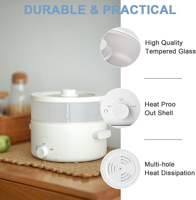 olayks. Electric Steamer for Cooking, 2L Ceramic Glaze Non-stick Pot, Dual Power Multi-functional Electric Cooker, Suitable for Steak, Pasta, Hot Pot, Ramen, Quick Heating and Overheat